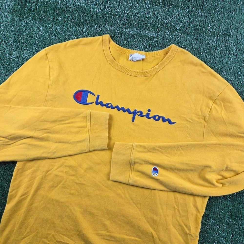 Champion Mens Long Sleeve T-Shirt Mustard Yellow Embroidered Script Logo Large